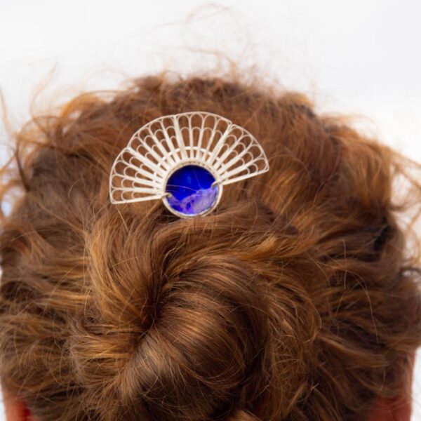 Silver Filigree & Blue Enamel Hairpin worn