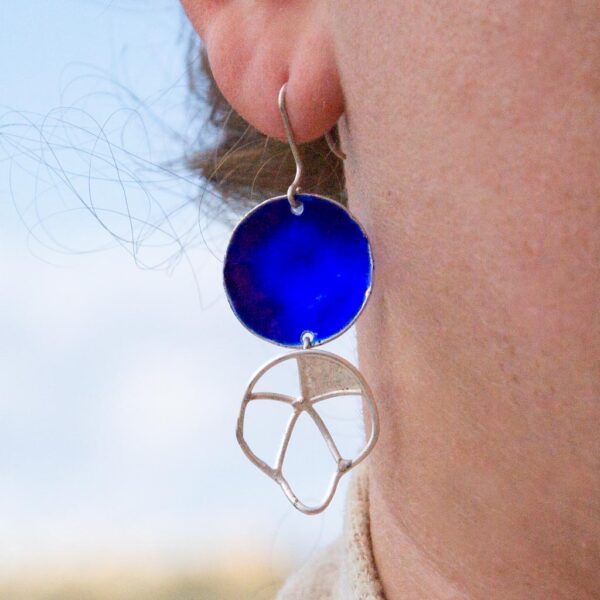 Silver Filigree & Blue Enamel earrings worn