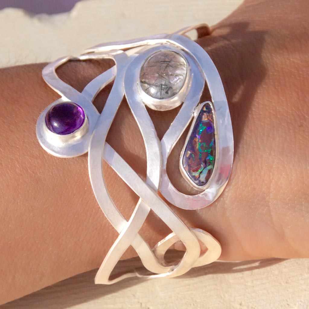 Designer Silver Cuff Bangle with Gemstones