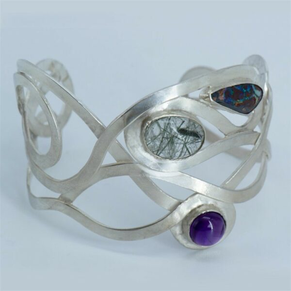 Designer Silver Cuff Bangle with Gemstones bottom side