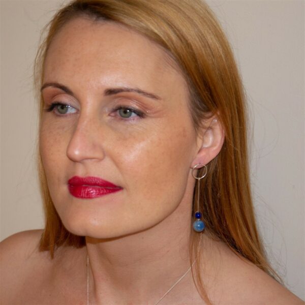 Designer Blue & Silver Circle Dangling Earrings worn