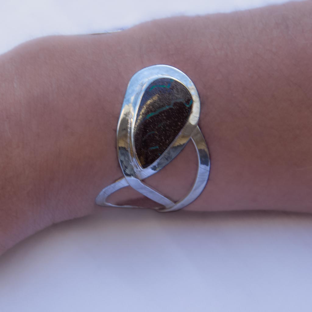 Commemorative Art Nouveau Silver & Opal Bangle worn