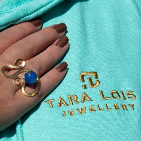 Custom Gold Astrology Ring original design with blue agate stone