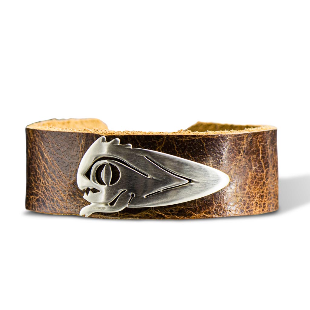 Gamers silver and leather bracelet front