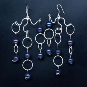 Designer black pearl & silver waterfall earrings hanging