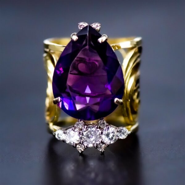 Redesigned heirloom amethyst diamond and filigree gold ring