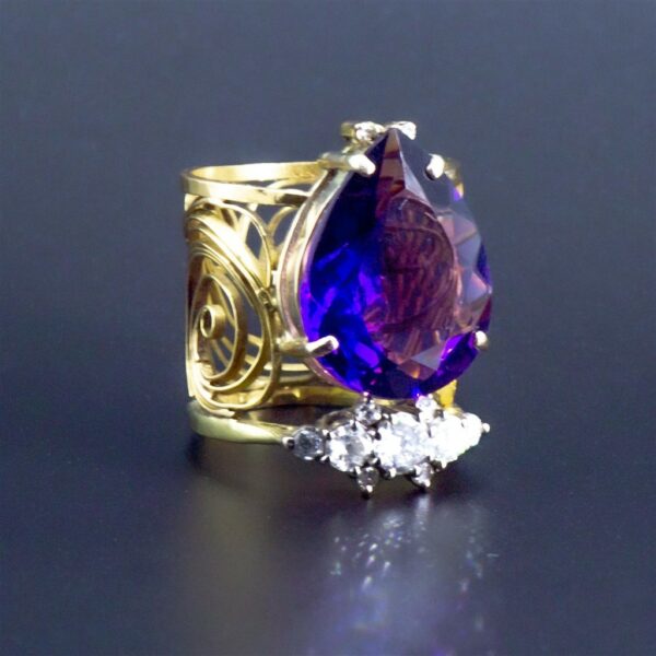 Redesigned heirloom amethyst diamond and filigree gold ring profile