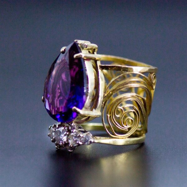 Redesigned heirloom amethyst diamond and filigree gold ring side