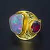 sustainable gold filigree opal and garnet ring
