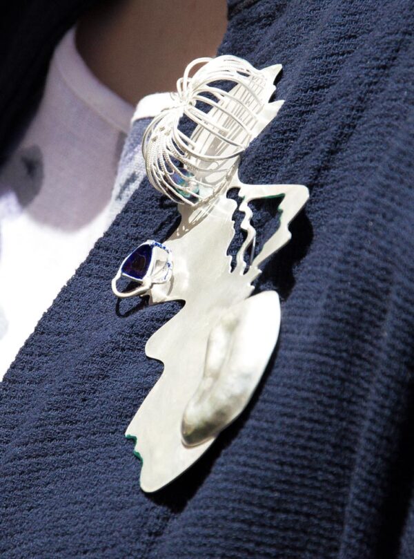 Plique-a-jour enamel & pearl sculptural brooch closeup