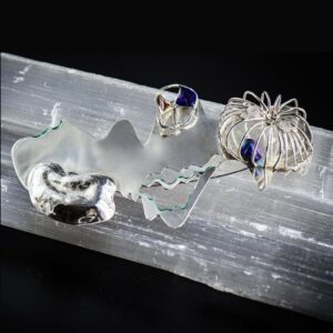 Plique-a-jour enamel & pearl sculptural brooch display