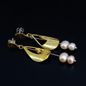 Sailing jewellery small gold sail earring pink pearls side