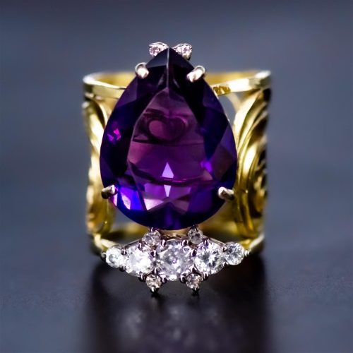 Redesigned heirloom amethyst diamond and filigree gold ring